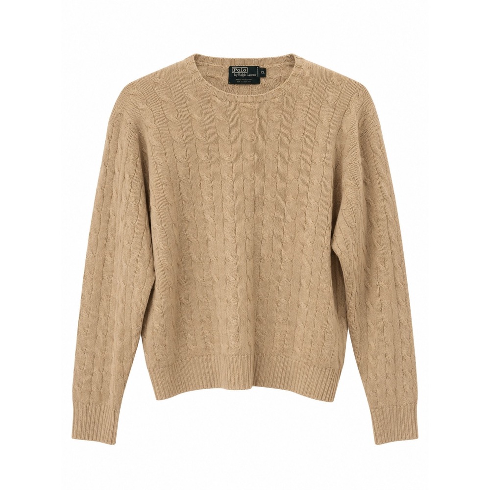 Polo Ralph Lauren 100% Cashmere Cable Knit Crewneck Sweater Tan Beige Mens XL